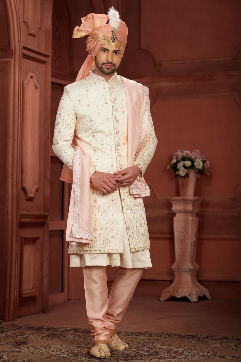 Wedding Wear Cream Readymade Sherwani In Pure Silk Fabric