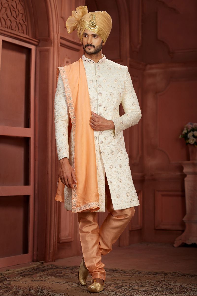 Cream Radiant Wedding Function Readymade Sherwani