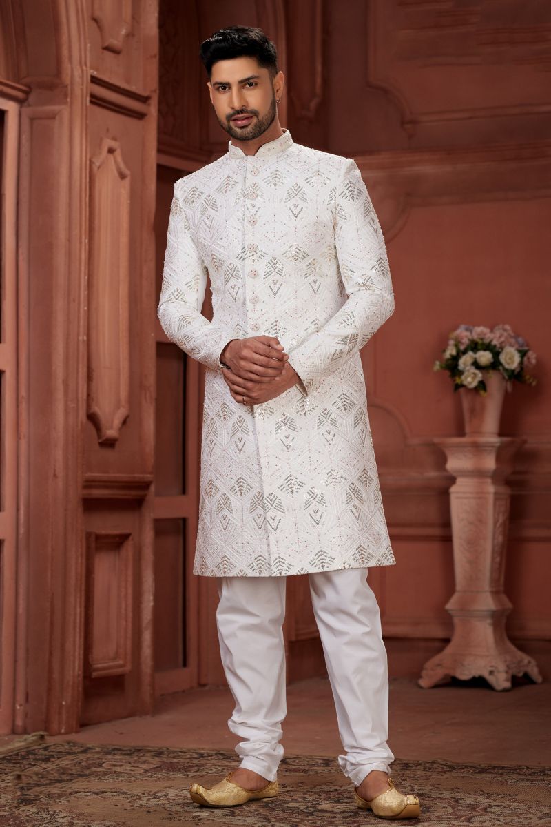 White Traditional Look Pure Silk Wedding Wear Readymade Sherwani