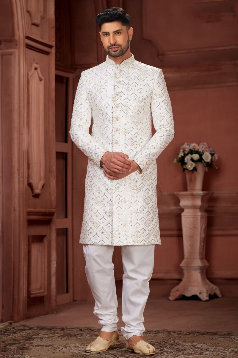 Reception Wear White Pure Silk Readymade Stylish Sherwani