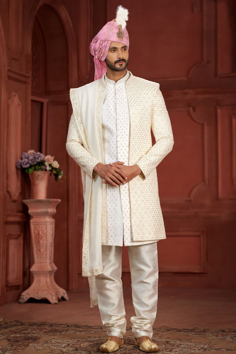 Cream Pure Silk Wedding Wear Readymade Alluring Sherwani