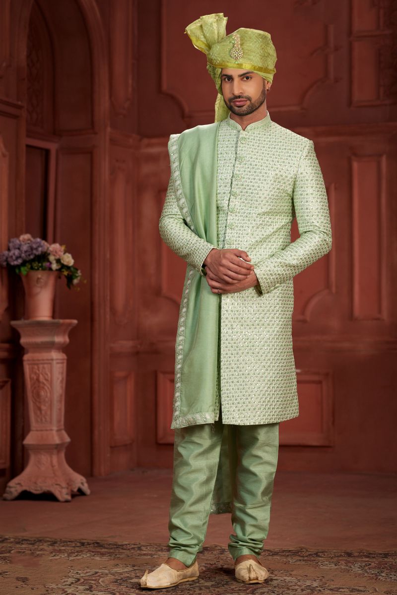 Pure Silk Sea Green Wedding Wear Royal Readymade Sherwani