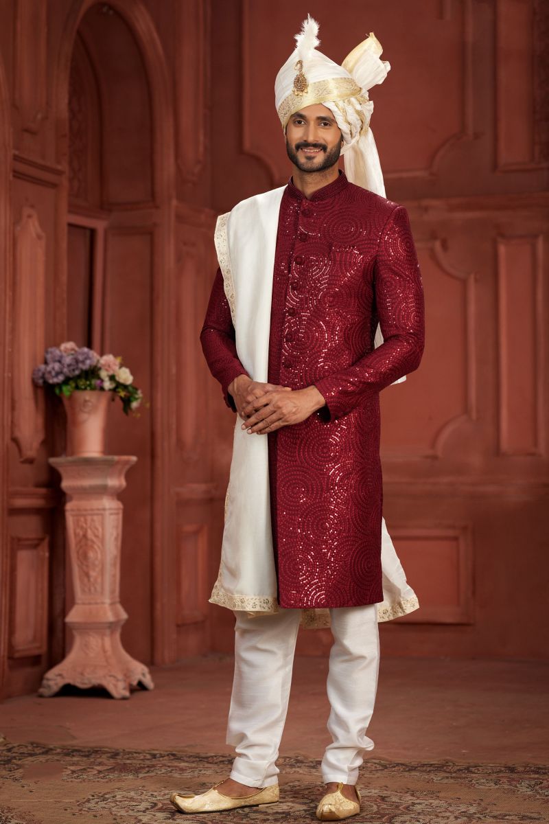 Maroon Sangeet Function Wear Pure Silk Readymade Elegant Sherwani