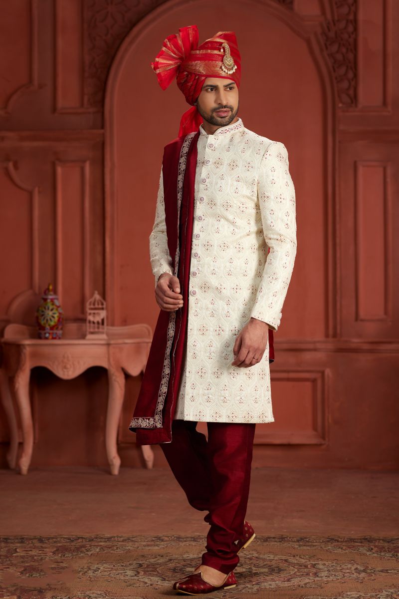 Wedding Wear Pure Silk Readymade Cream Special Sherwani