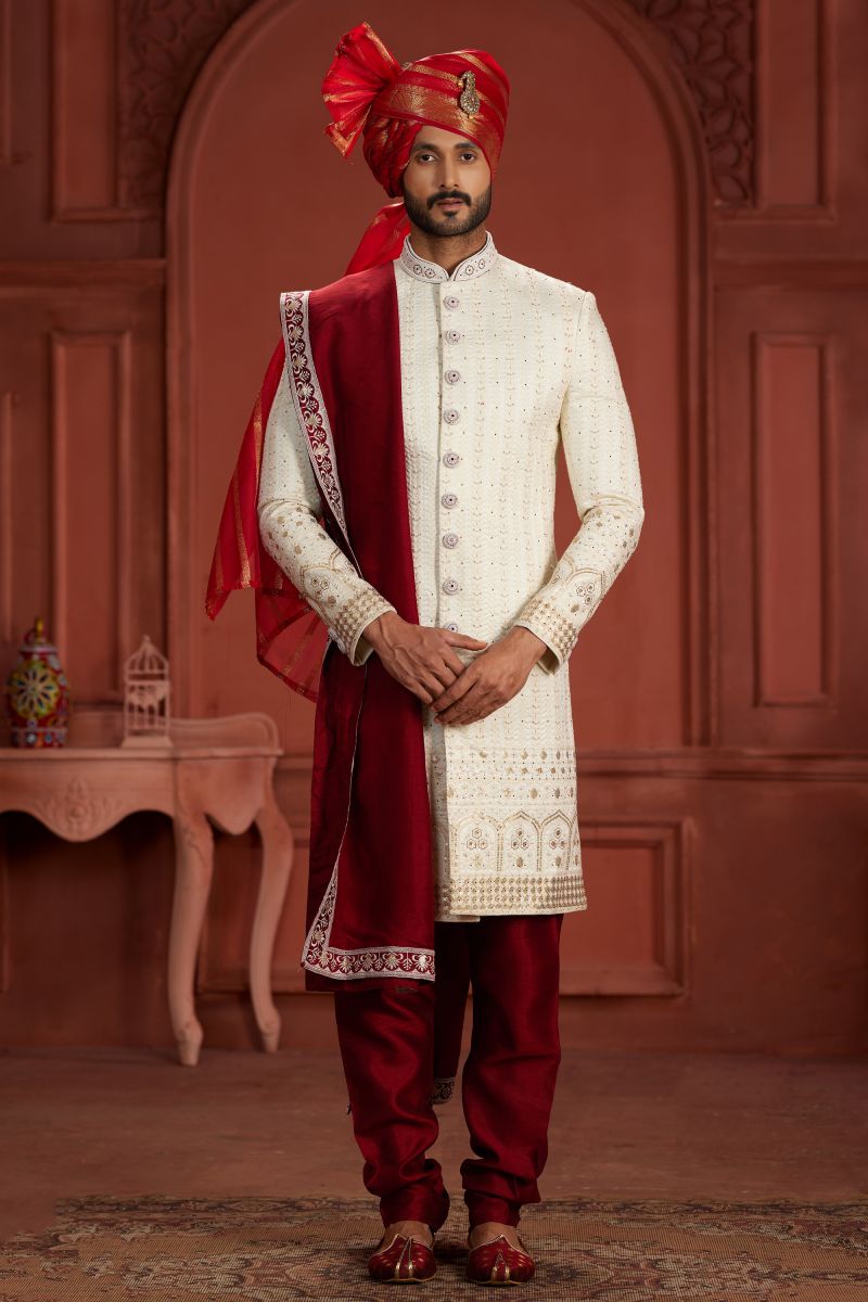 Wedding Function Readymade Cream Sober Sherwani In Pure Silk Fabric