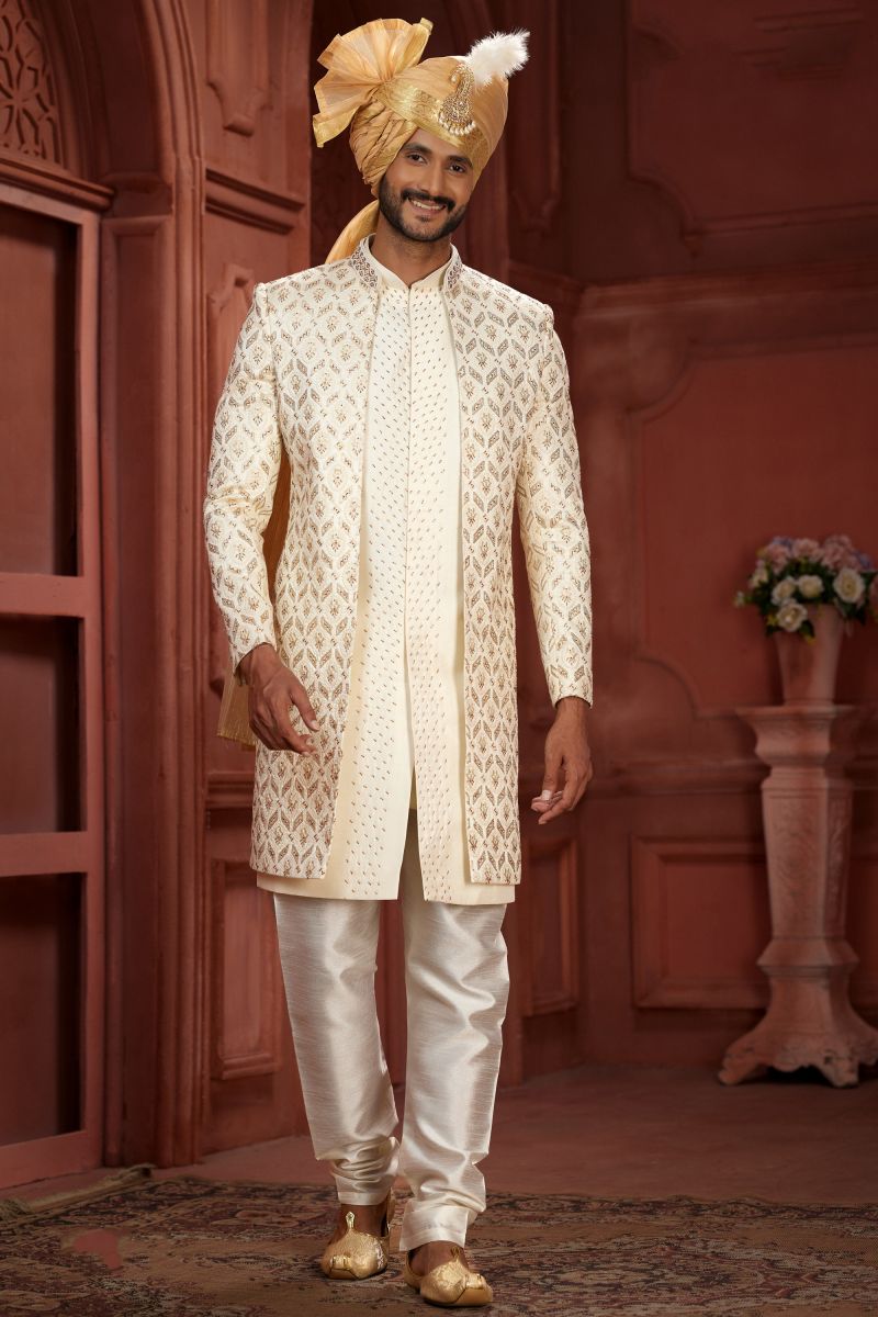 Silk Fabric Readymade Sherwani In Beige Color With Embroidered Work