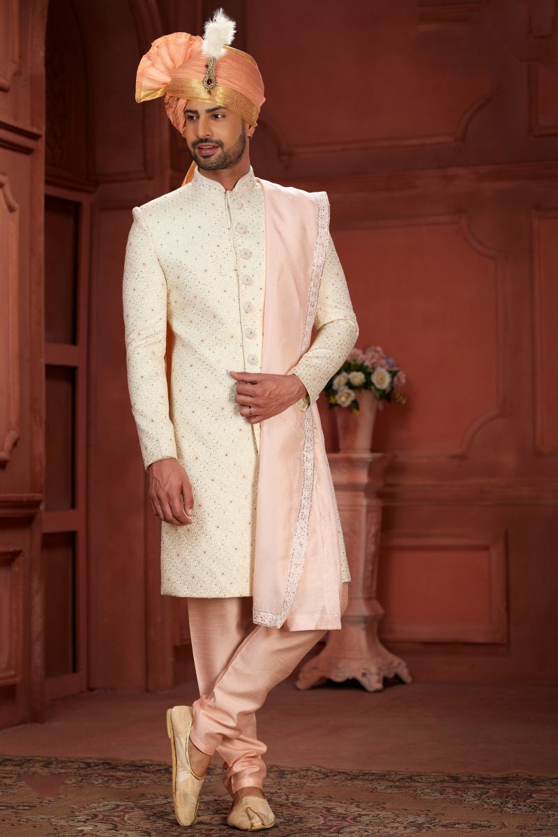 Beige Color Silk Fabric Charming Readymade Sherwani With Embroidered Work