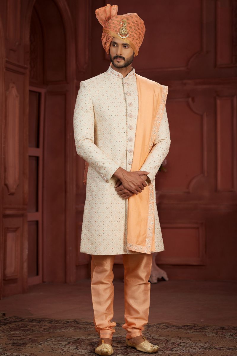 Embroidered Work On Beige Color Silk Fabric Readymade Sherwani