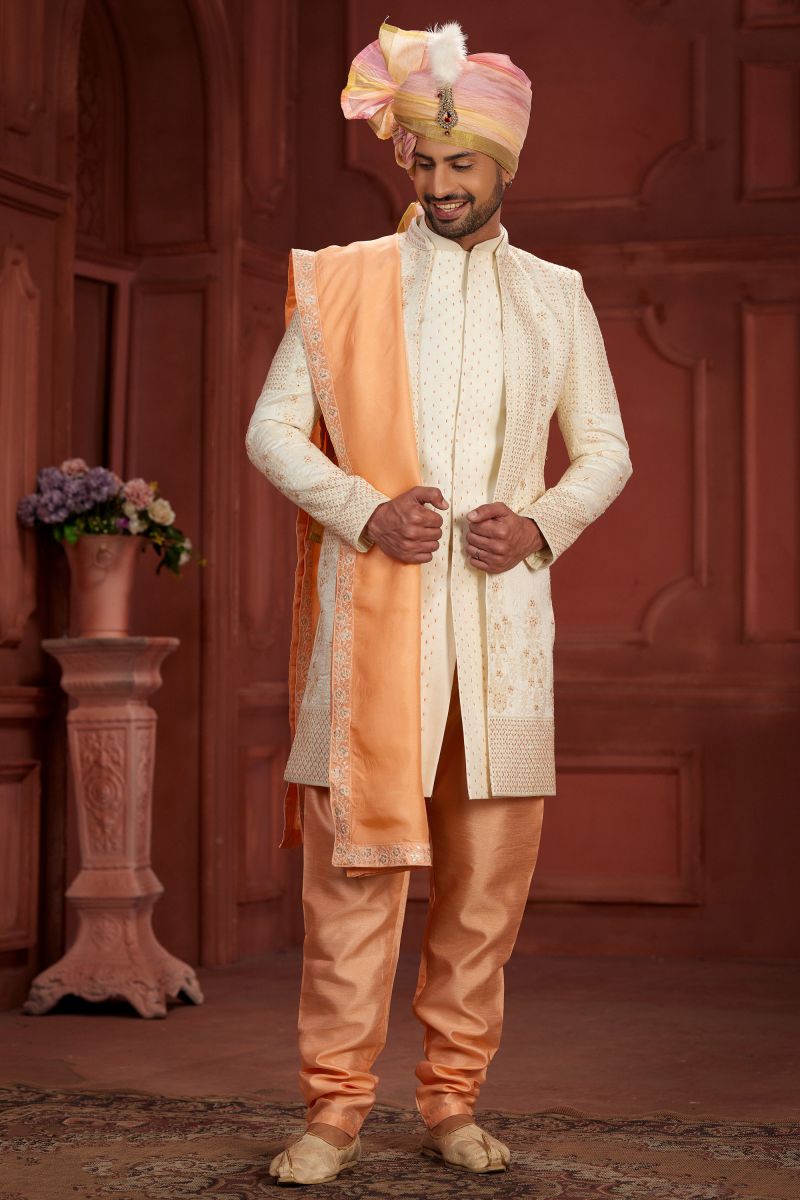 Silk Fabric Beige Color Readymade Excellent Sherwani With Embroidered Work 