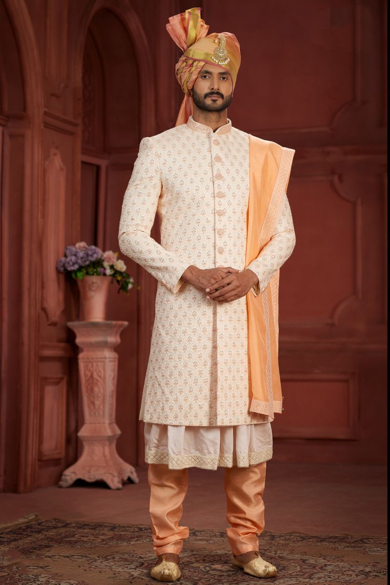 Beige Color Embroidered Silk Fabric Beatific Readymade Sherwani