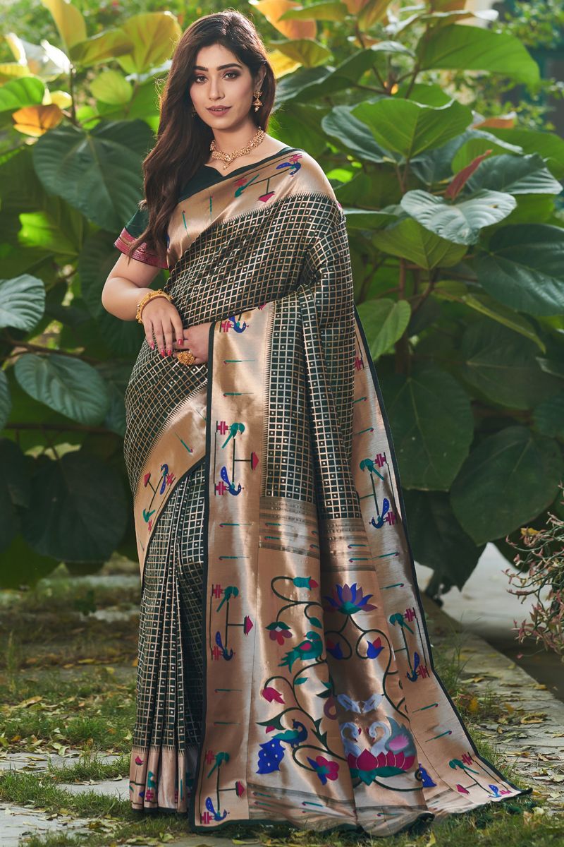 Weaving Work On Paithani Silk Saree In Dark Green Color