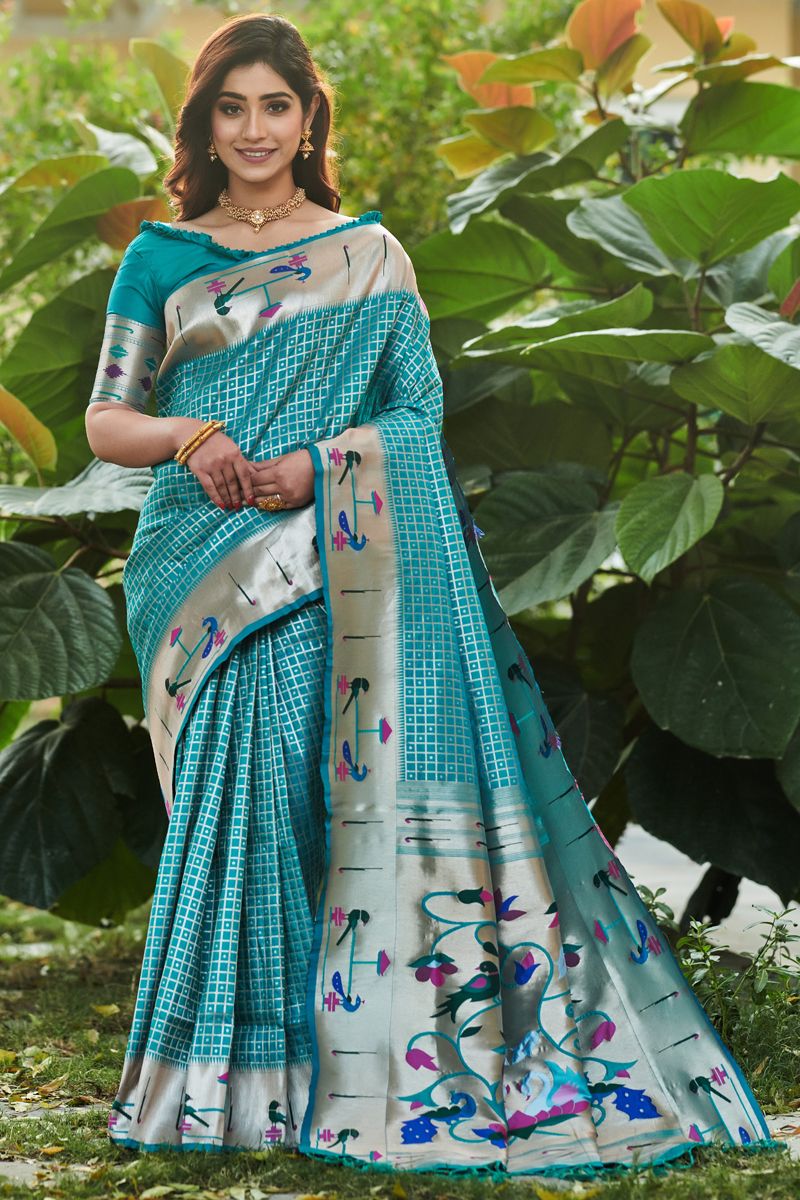 Beauteous Cyan Color Paithani Silk Saree