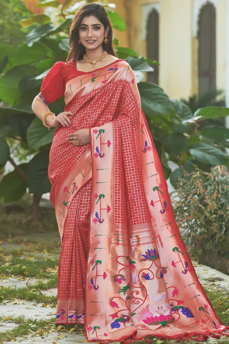 Red Color Weaving Work Precious Saree