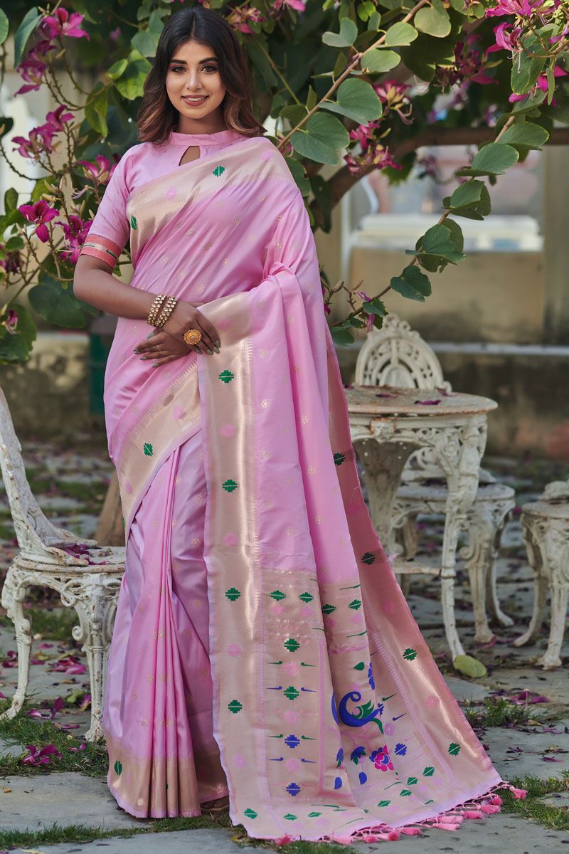 Paithani Silk Weaving Work Saree In Pink Color