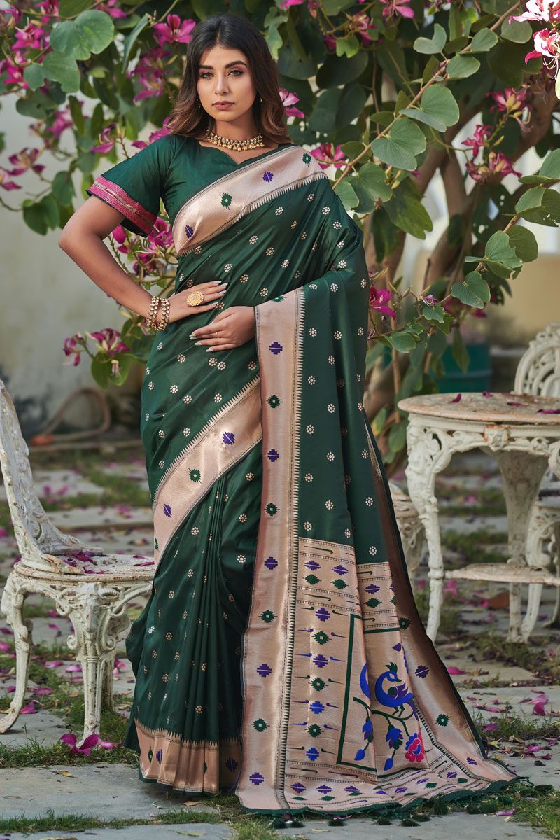 Dark Green Paithani Silk Weaving Work Saree