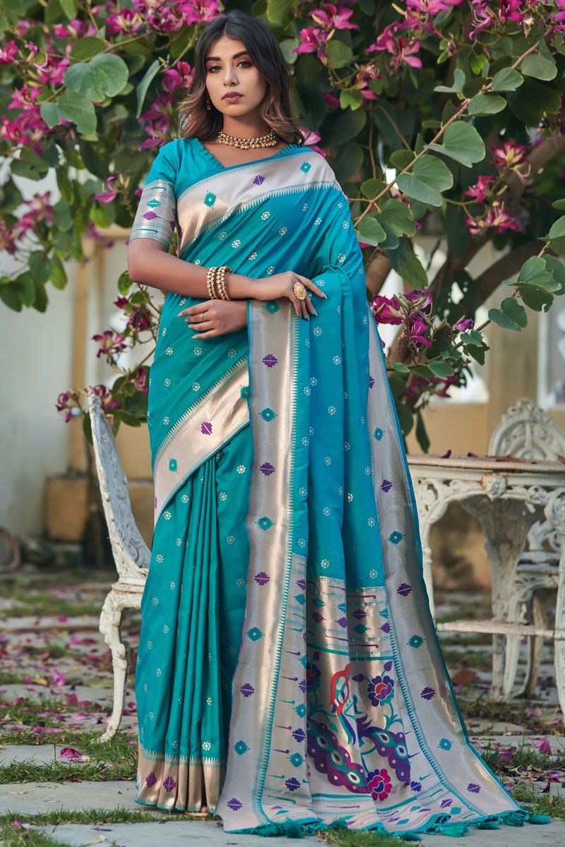 Paithani Silk Weaving Work Saree In Cyan Color