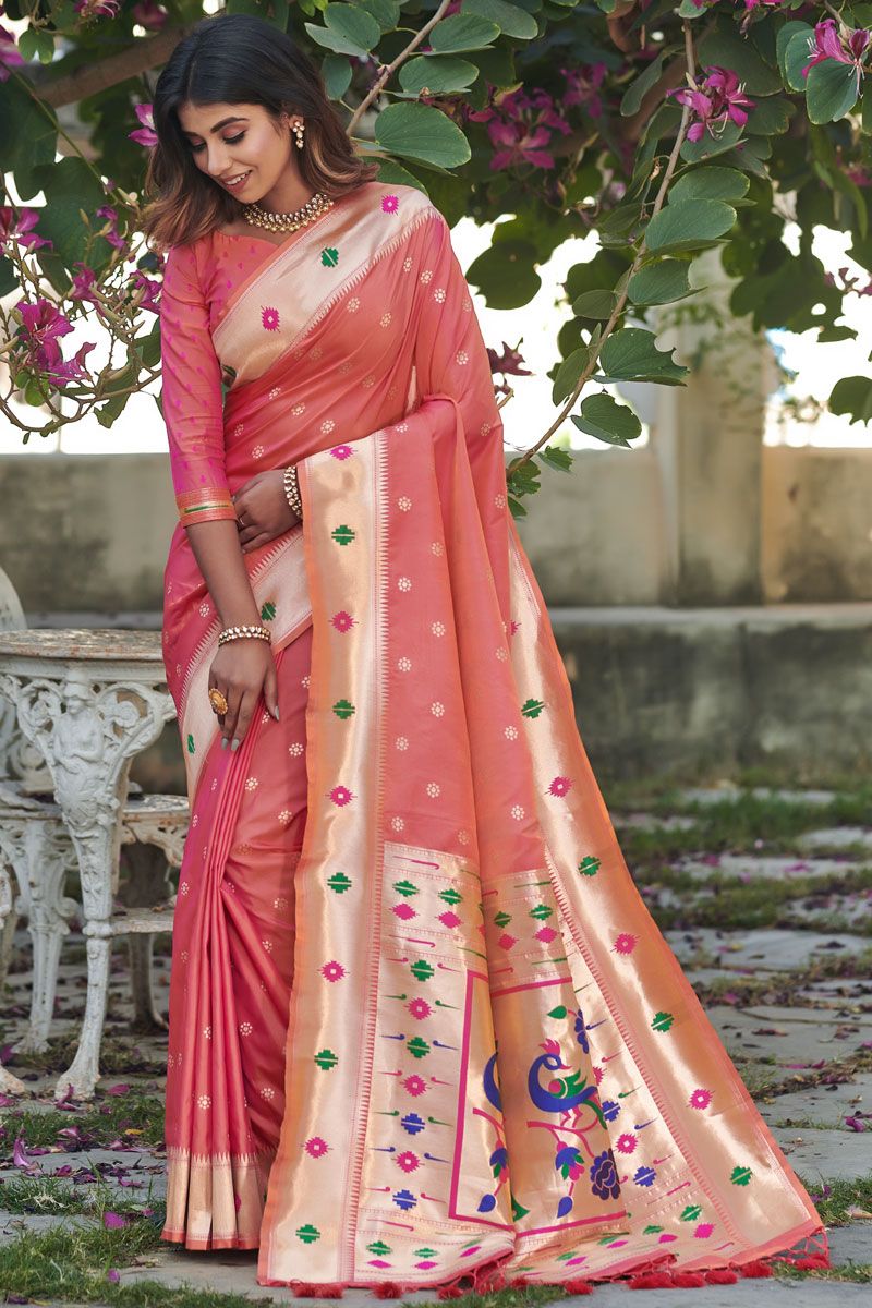 Peach Paithani Silk Weaving Work Saree