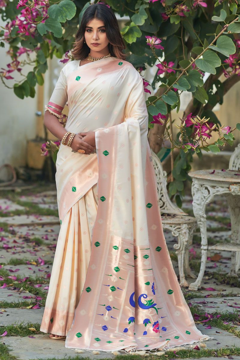 Off White Paithani Silk Weaving Work Saree