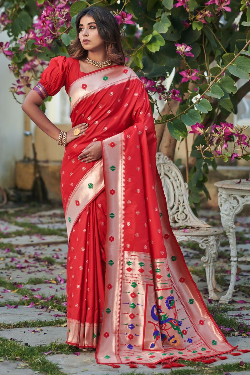 Red Paithani Silk Weaving Work Saree