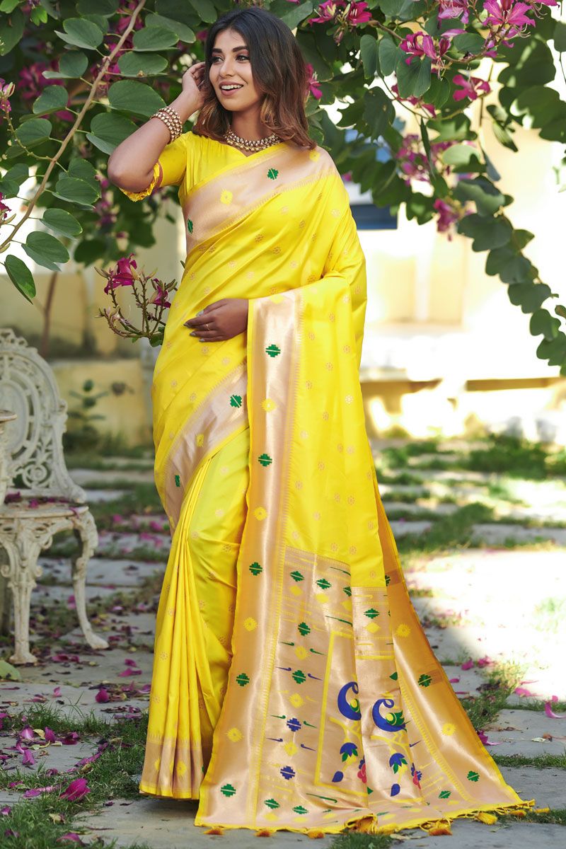 Yellow Paithani Silk Weaving Work Saree