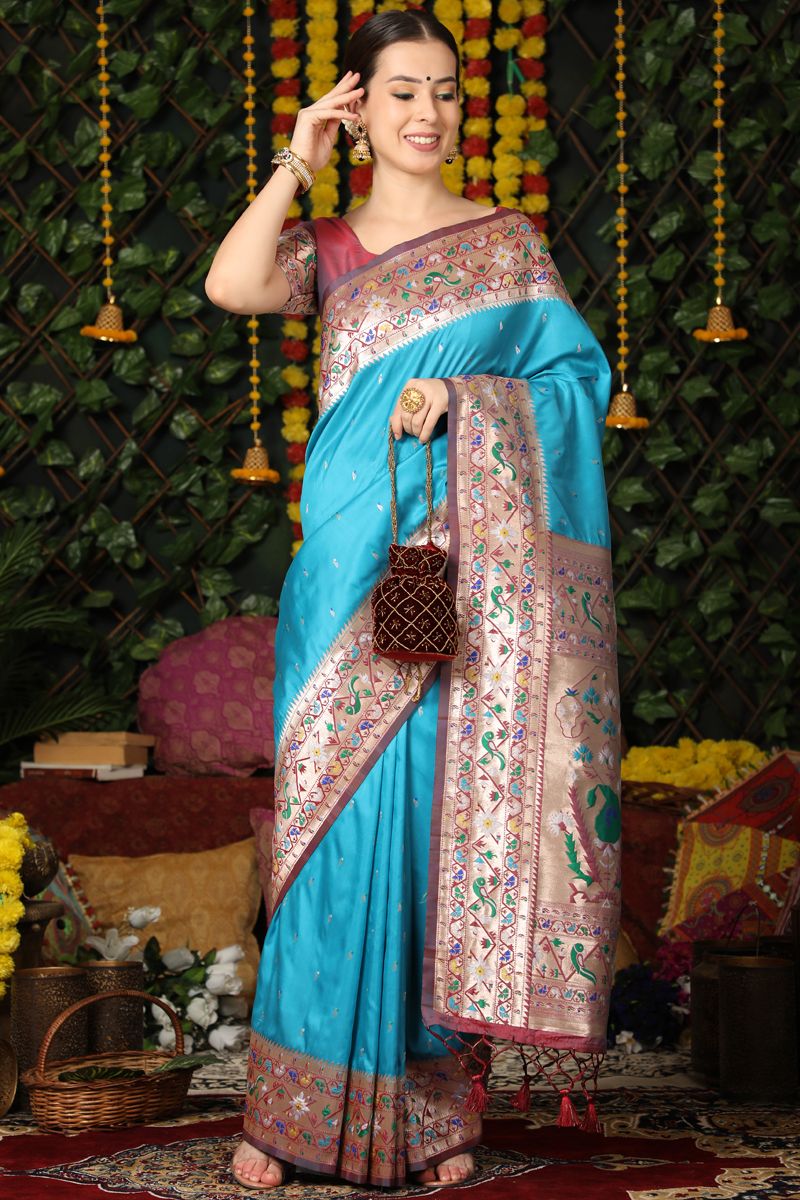 Cyan Festive Wear Paithani Silk Saree