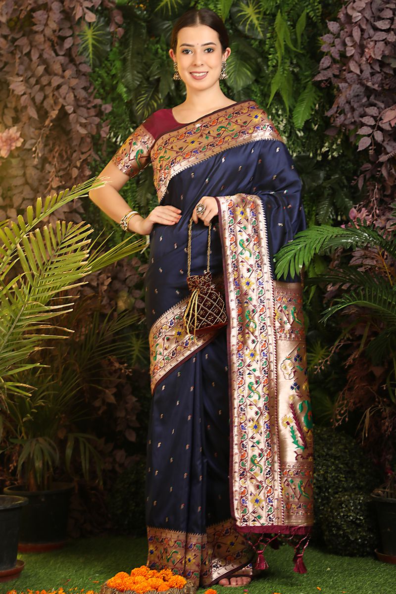 Vintage Navy Blue Festive Wear Paithani Silk Saree