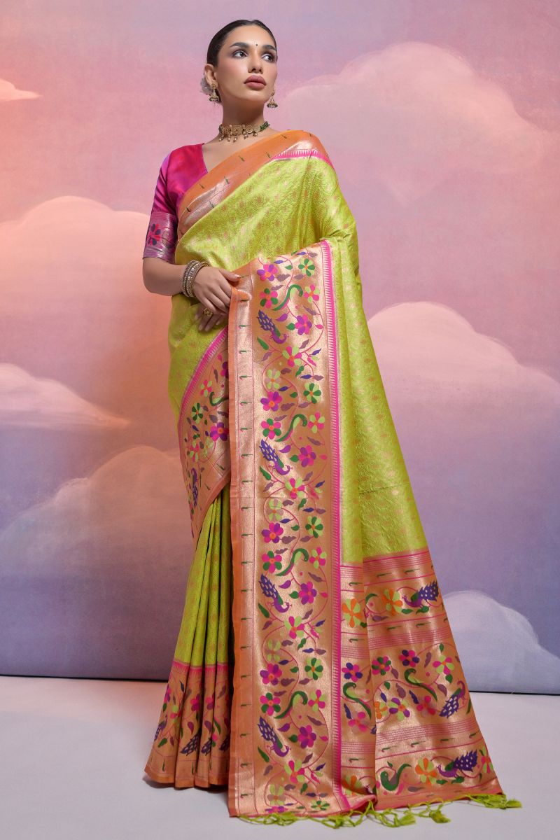 Green Paithani Silk Fancy Meenakari Zari Weaving Border Work Saree