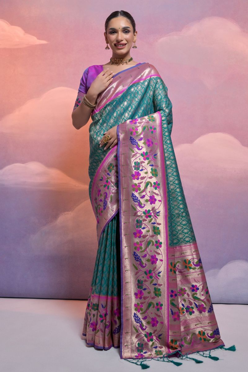 Attractive Teal Meenakari Zari Weaving Border Work Paithani Silk Traditional Saree