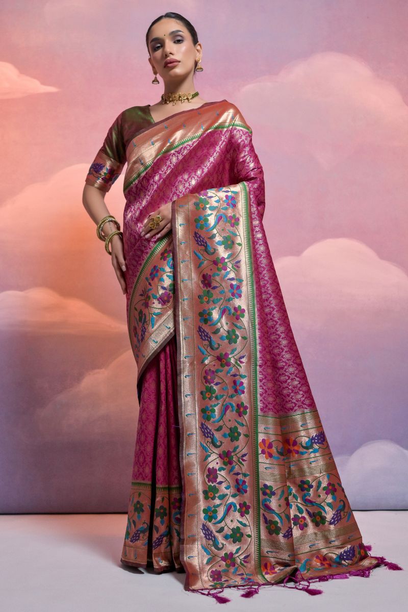 Festive Wear Paithani Silk Wine Meenakari Zari Weaving Border Work Saree