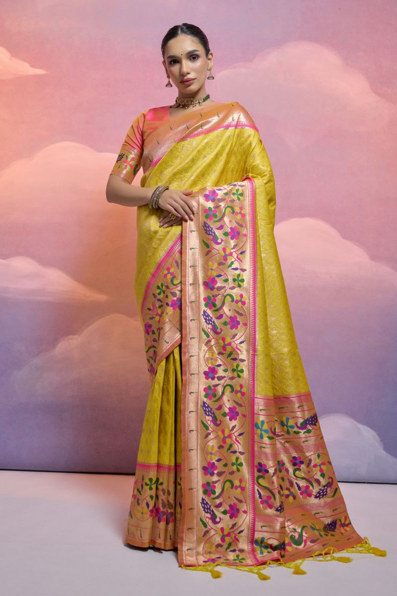 Adorable Yellow Function Wear Paithani Silk Meenakari Zari Weaving Border Work Design Saree