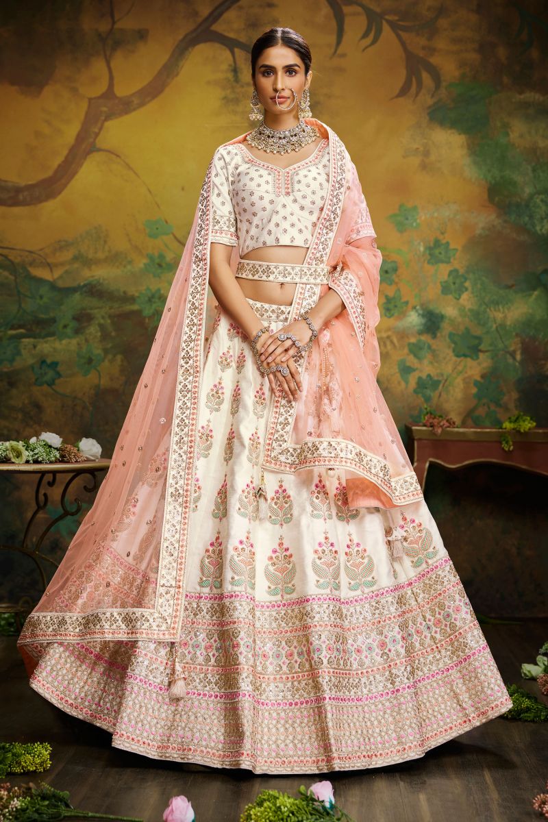 Off White Silk Occasion Wear Lehenga Choli With Embroidery Work