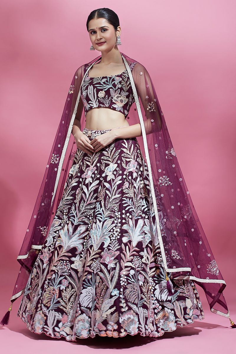 Net Fabric Function Wear Sequins Work Lehenga Choli In Burgundy Color