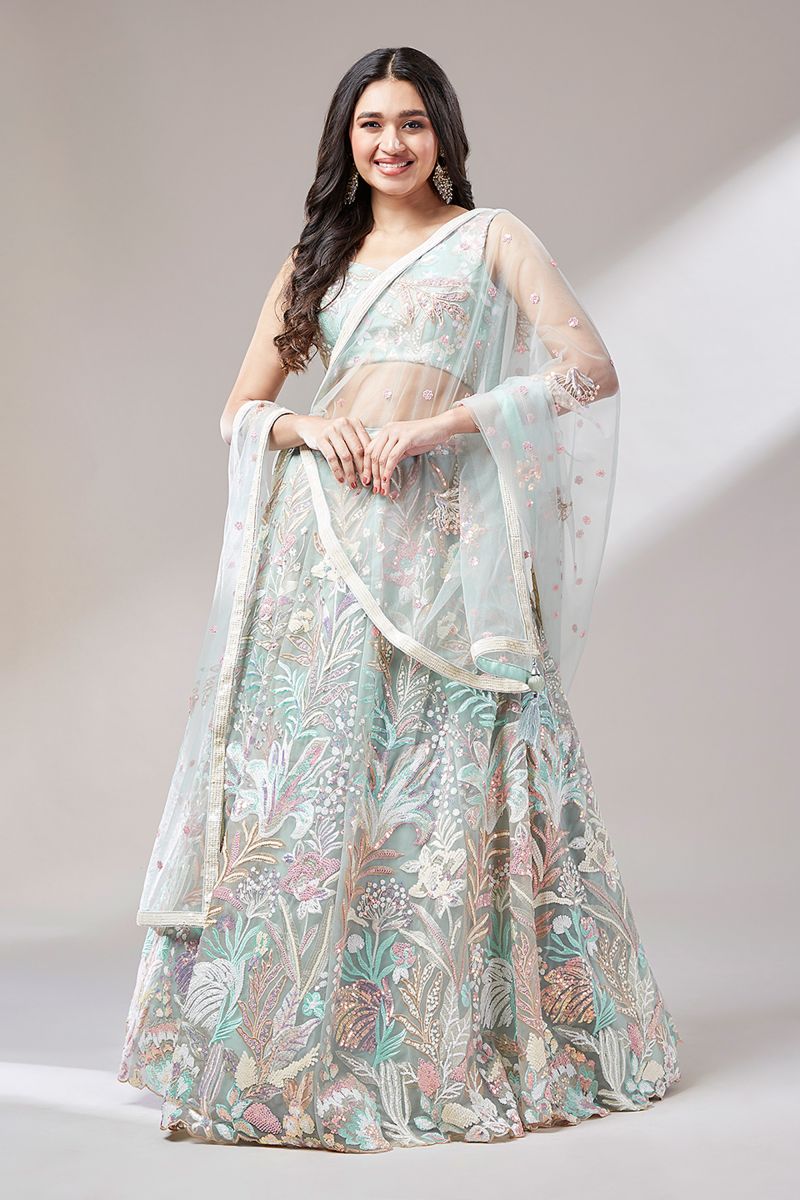 Occasion Wear Sequins Work Lehenga Choli In Sea Green Color Net Fabric