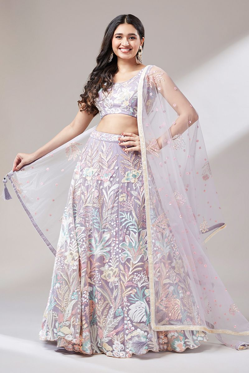 Sequins Work Lavender Color Net Fabric Festive Wear Lehenga Choli