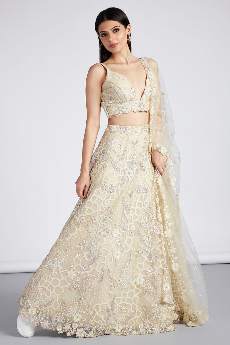 Sequins Work Cream Net Reception Wear Lehenga Choli