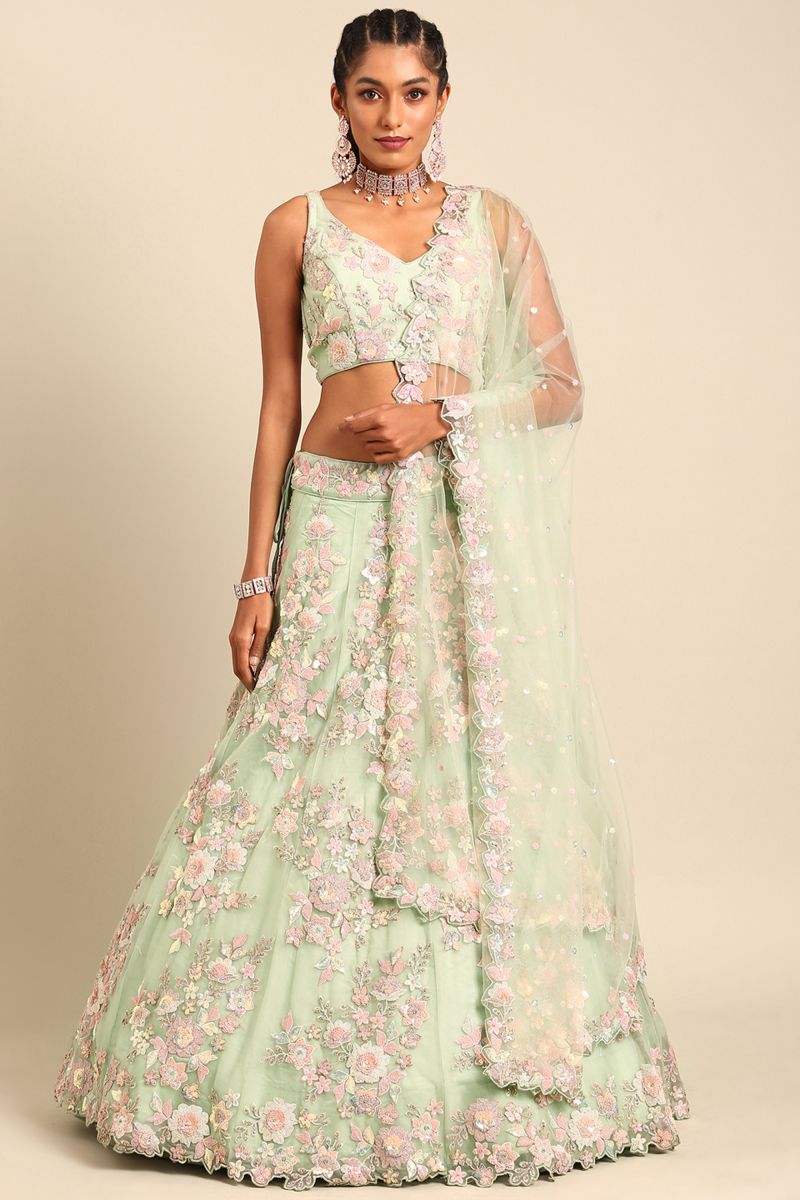 Sequins Work Net Wedding Wear Lehenga In Sea Green With Ravishing Blouse