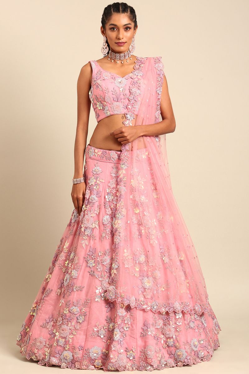 Occasion Wear Pink Sequins Work Lehenga In Net Fabric With Designer Blouse