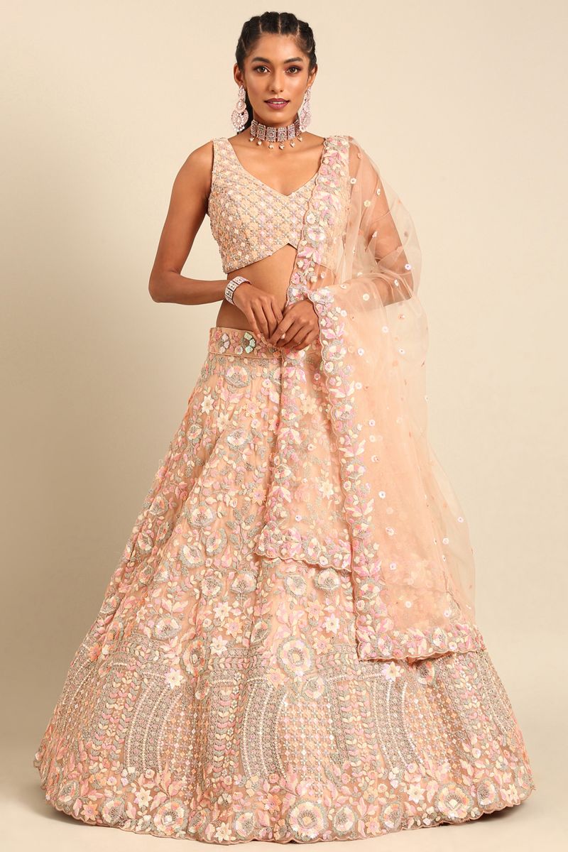 Net Peach Sangeet Wear 3 Piece Sequins Work Lehenga With Enigmatic Blouse