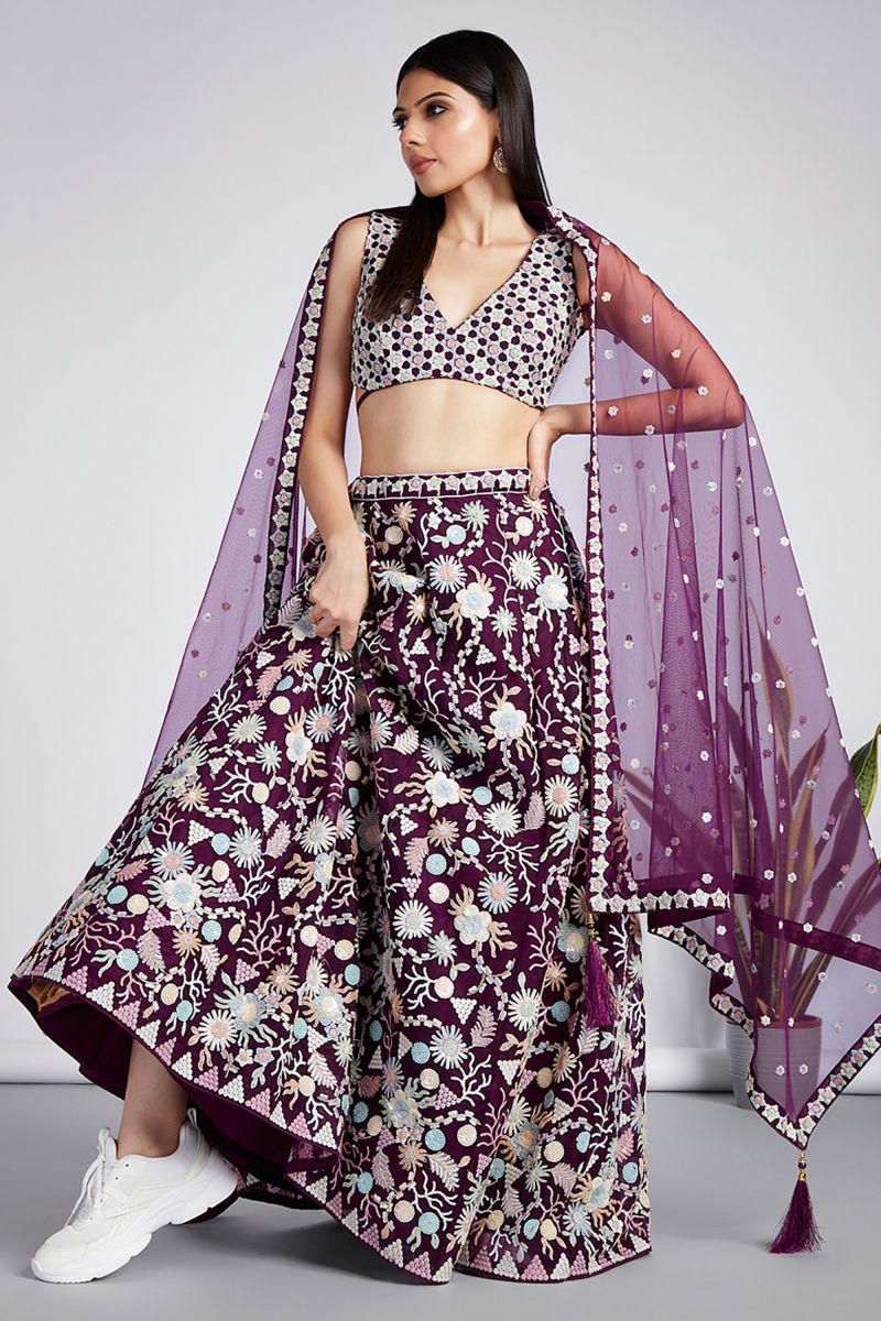 Sequins Work Burgundy Color Net Fabric Occasion Wear Lehenga Choli