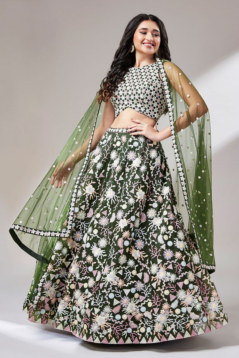 Olive Color Sangeet Wear Designer Sequins Work Net Fabric Lehenga Choli