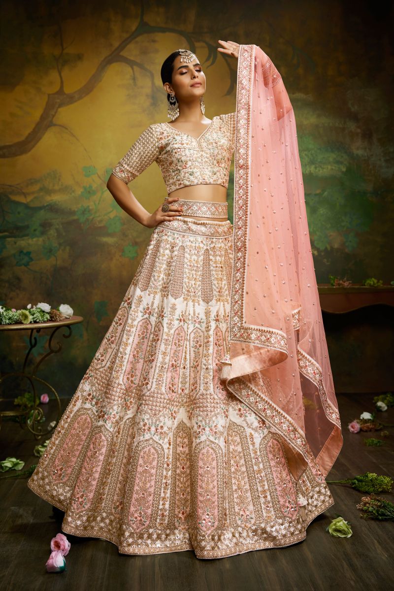 Occasion Wear Lehenga In Off White Silk Fabric With Embroidery Work