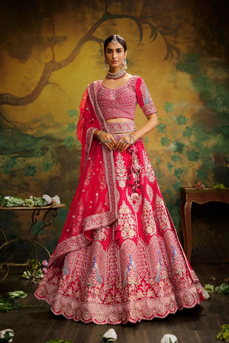 Silk Red Designer 3 Piece Lehenga Choli With Embroidery Work Designs