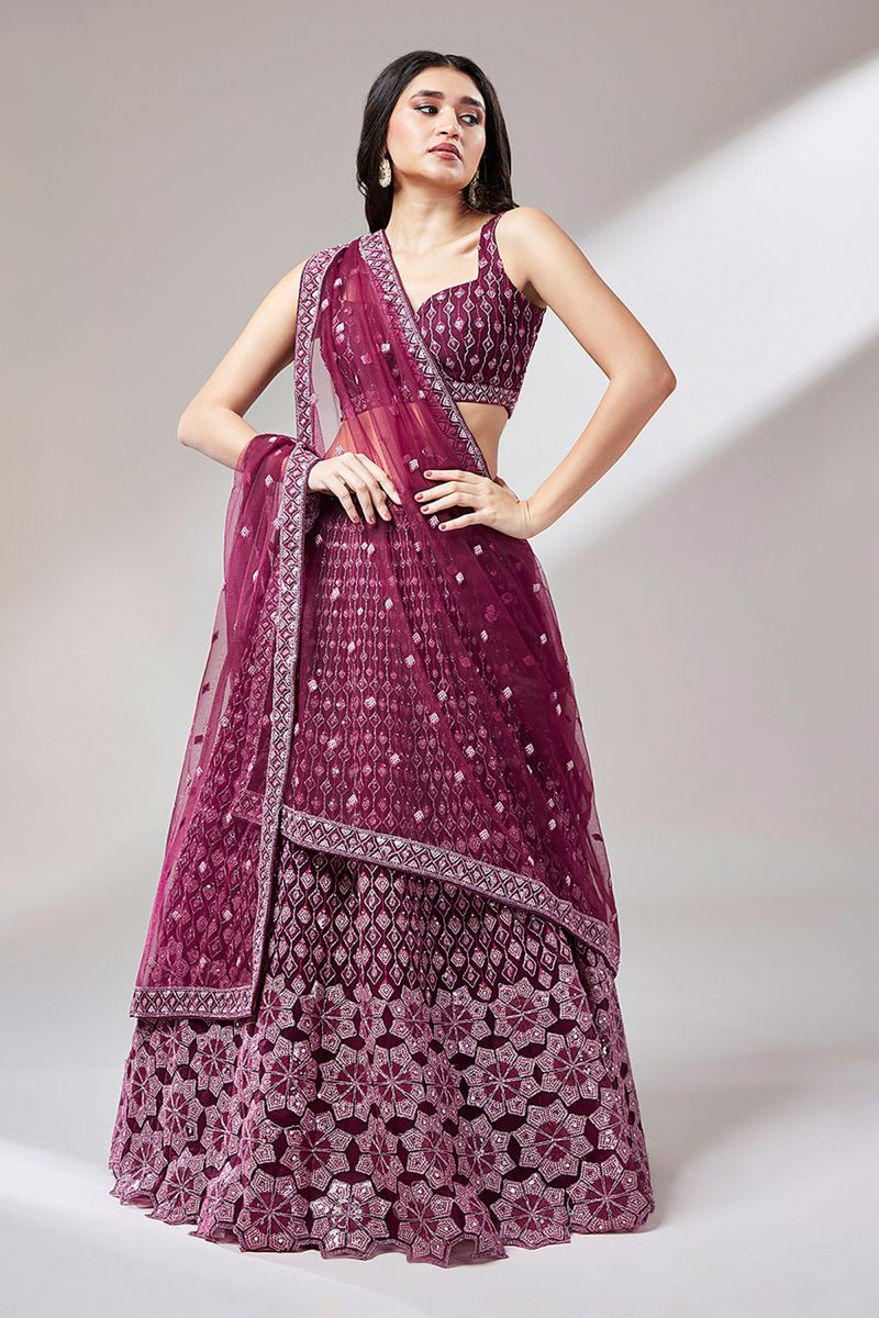 Sequins Work Occasion Wear Lehenga Choli In Burgundy Color Net Fabric