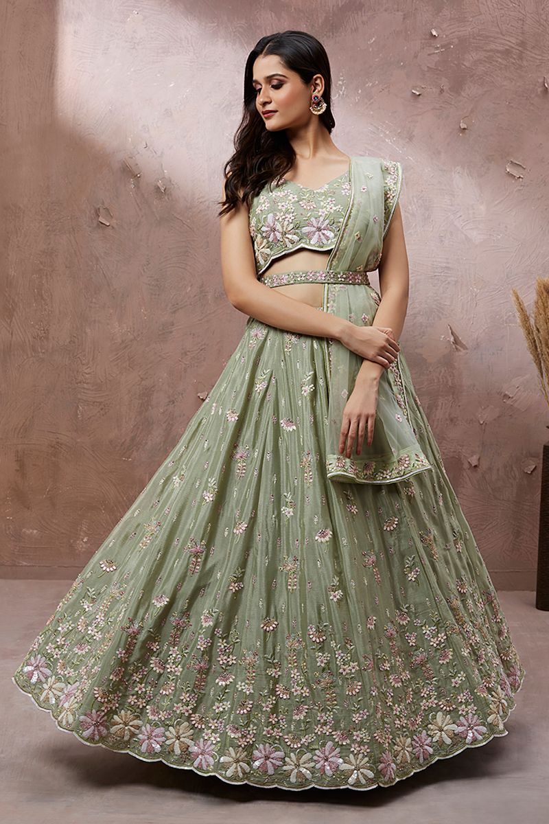 Sequins Work Georgette Wedding Wear Lehenga In Sea Green Color With Ravishing Blouse