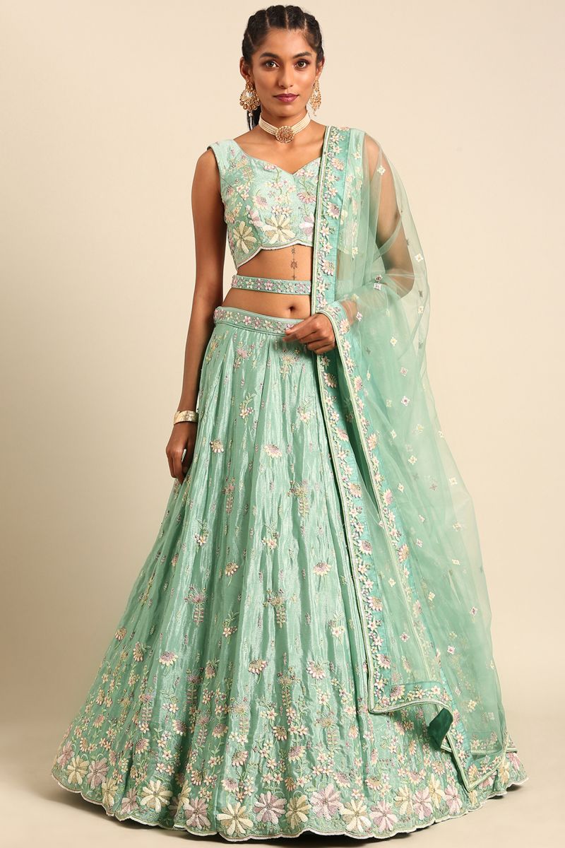 Occasion Wear Lehenga Choli In Sea Green Net Fabric With Sequins Work