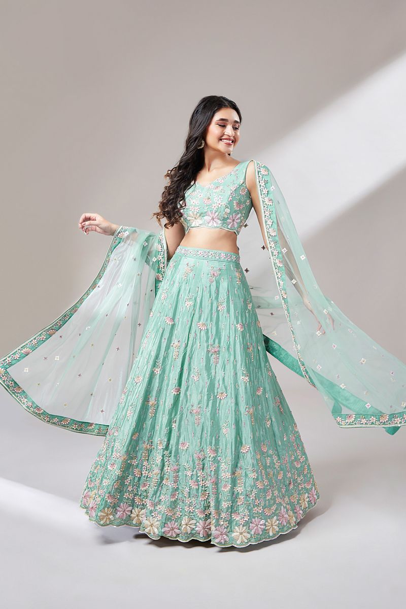 Occasion Wear Sea Green Color Sequins Work Lehenga In Net Fabric With Designer Blouse