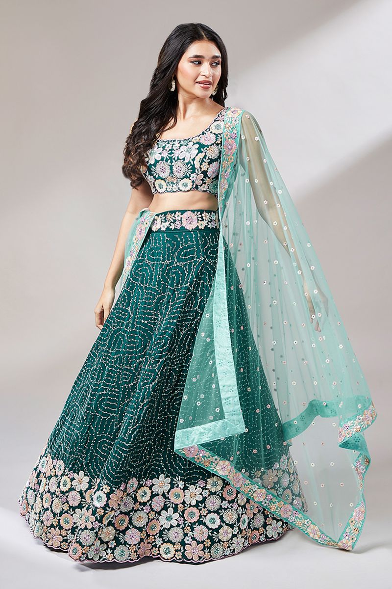 Fashionable Teal Georgette Heavy Sequins Embroidery Lehenga Choli