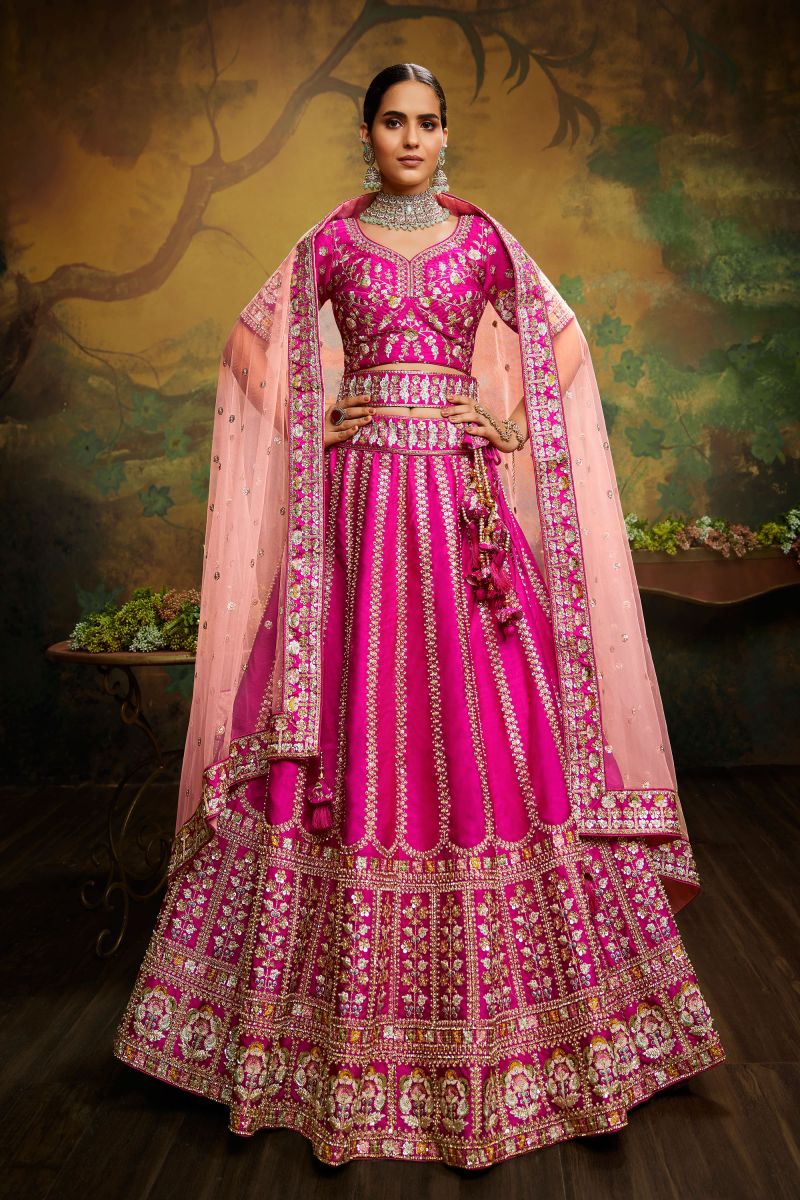 Embroidery Work On Pink Silk Occasion Wear Lehenga Choli