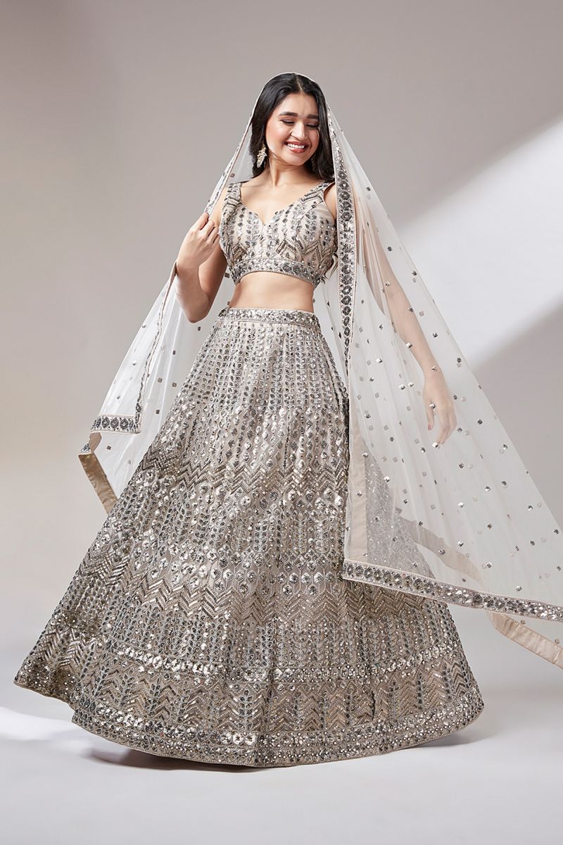 Sequins Work Beige Color Net Reception Wear Lehenga Choli