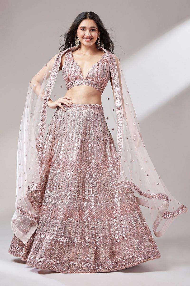 Net Pink Color Sangeet Wear 3 Piece Sequins Work Lehenga With Enigmatic Blouse